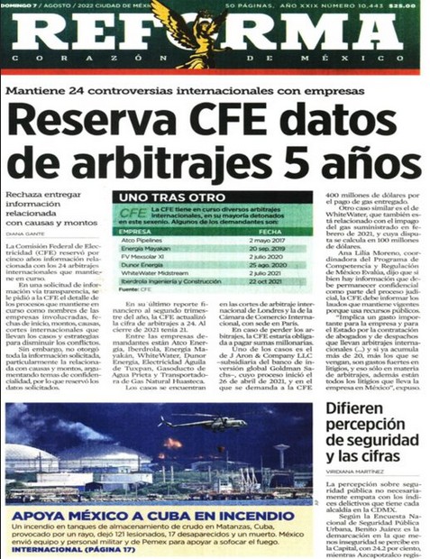 Periódico Reforma del 7 de agosto de 2022.