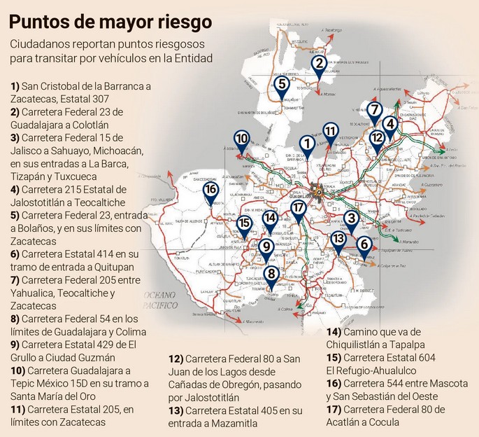 Puntos de mayor riesgo en Jalisco.