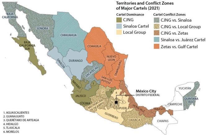 Territorios y zonas de conflicto de los cárteles mayores.